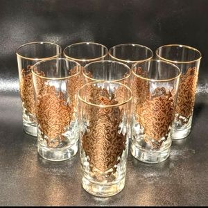 6 Libbey Gold Embossed Medallion Hollywood Regency MCM Style Glass Tumblers